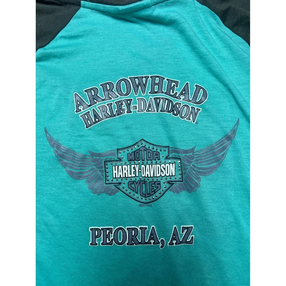 Harley Davidson Raglan T-Shirt Womens L Teal Grey Arrowhead Peoria AZ V-Neck